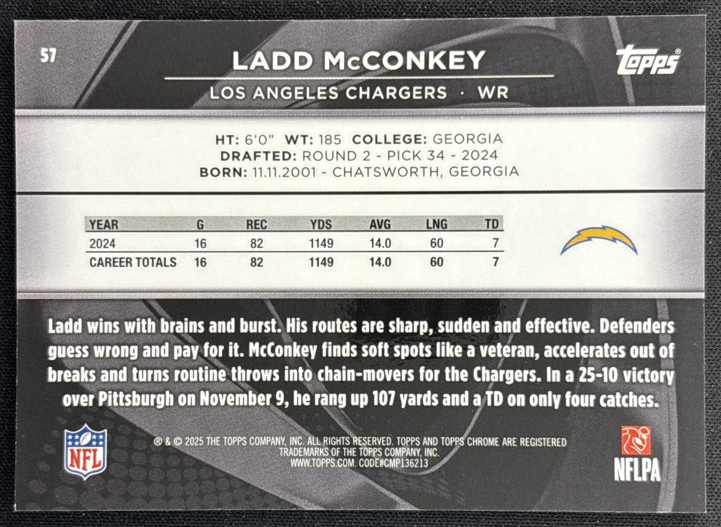 Ladd McConkey 2025 Topps Chrome Black Green Wave Refractor /99 Chargers Back
