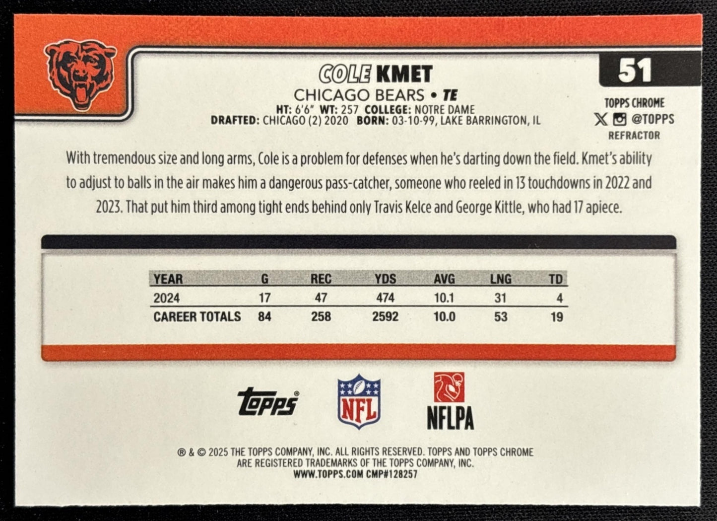 Cole Kmet 2025 Topps Chrome Refractor Bears - Back