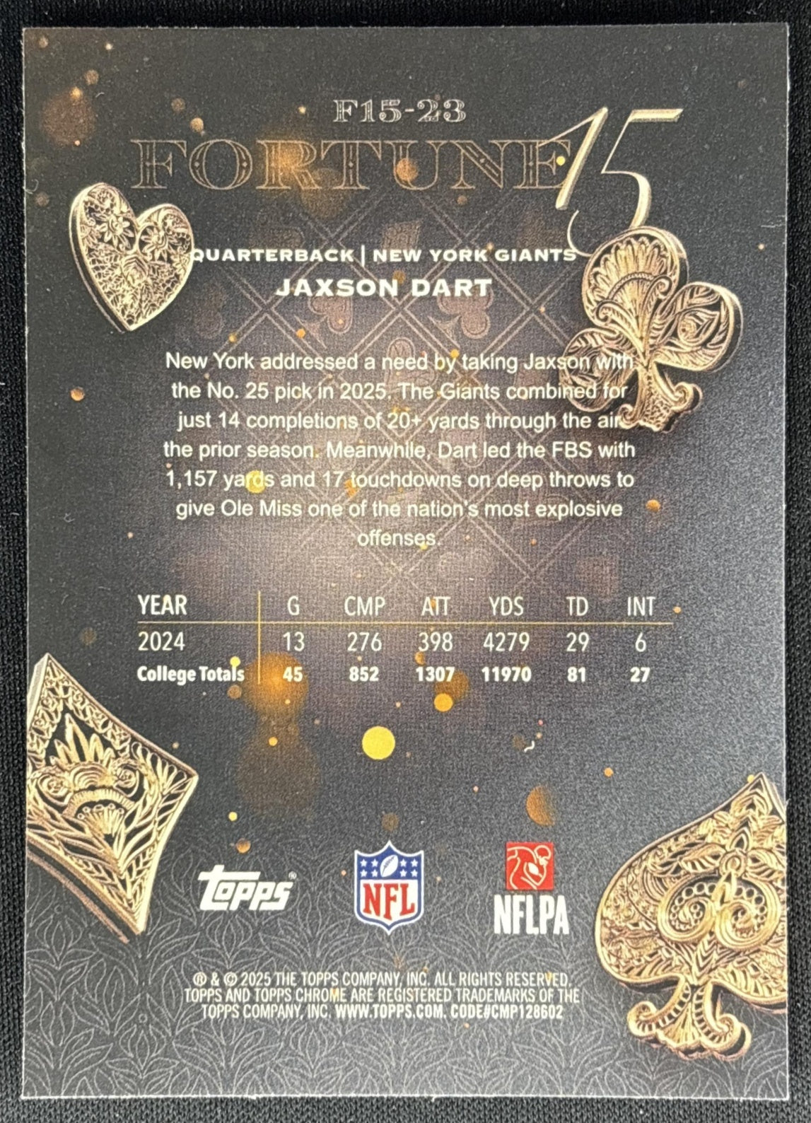 Jaxson Dart 2025 Topps Chrome Fortune 15 Giants Sports Trading Cards