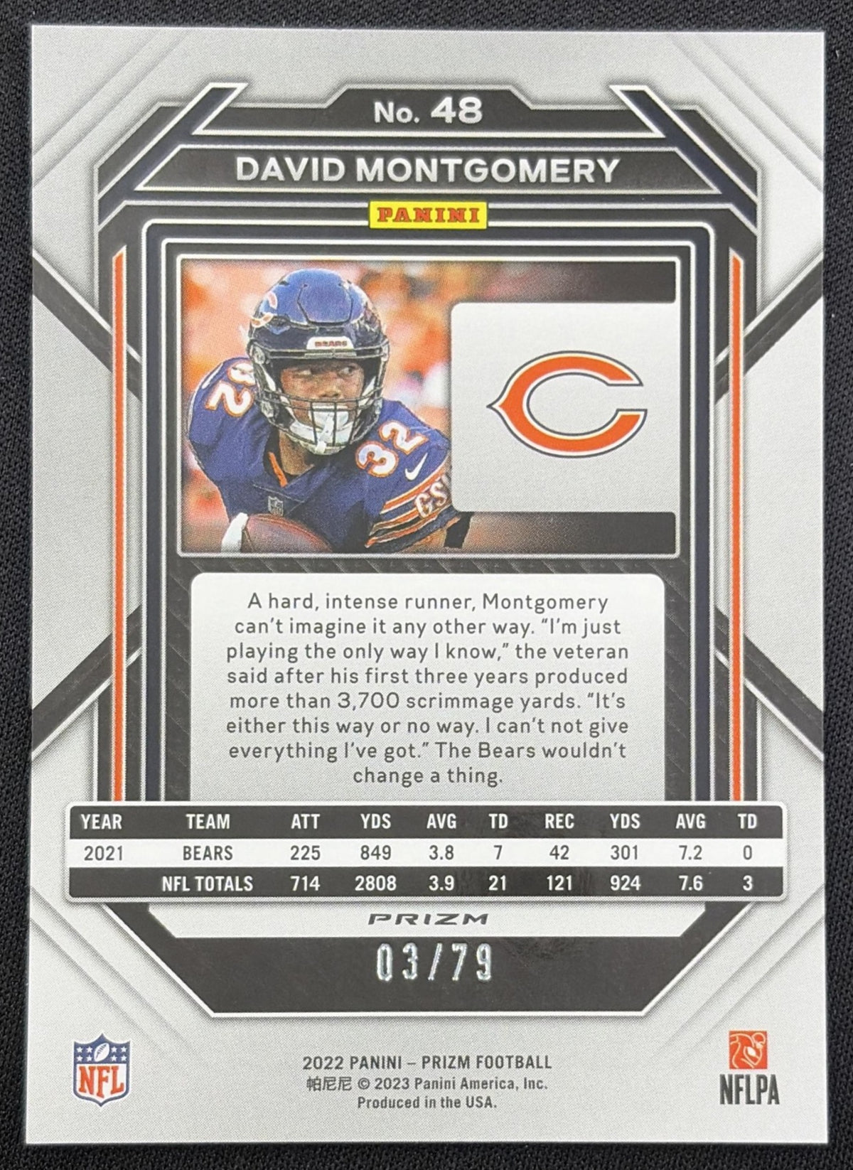 David Montgomery 2022 Panini Prizm No Huddle Blue /79 Bears Chicago Bears
