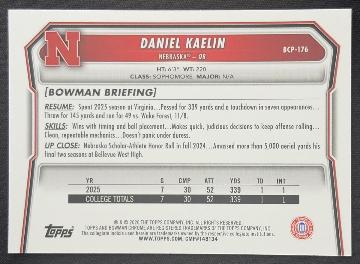 Daniel Kaelin 2026 Bowman Chrome Prospects Mojo Refractor Cornhuskers