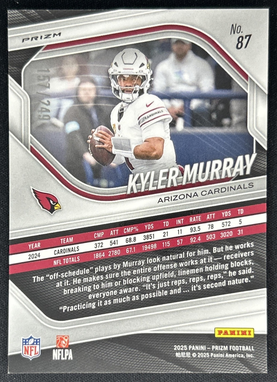 Kyler Murray 2025 Panini Prizm Orange /249 Cardinals back