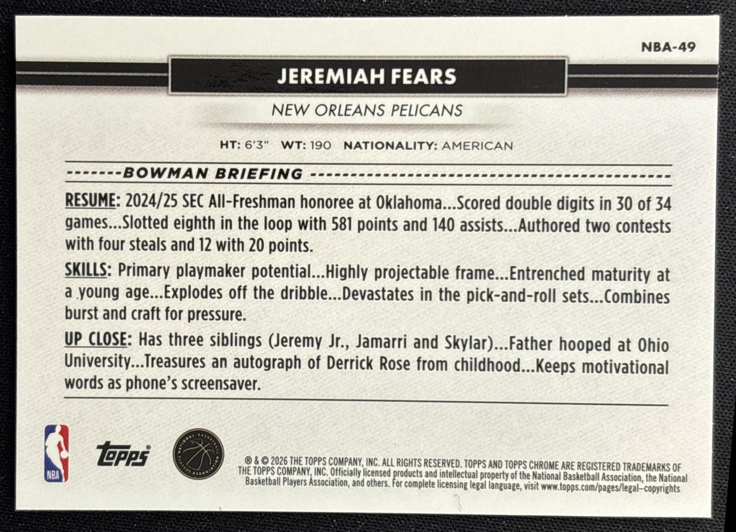 Jeremiah Fears 2026 Topps NSCC Collection NBA Sports Trading Cards