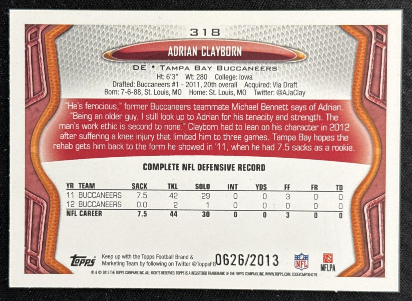 Adrian Clayborn 2013 Topps Gold /2013 Buccaneers Sports Trading Card