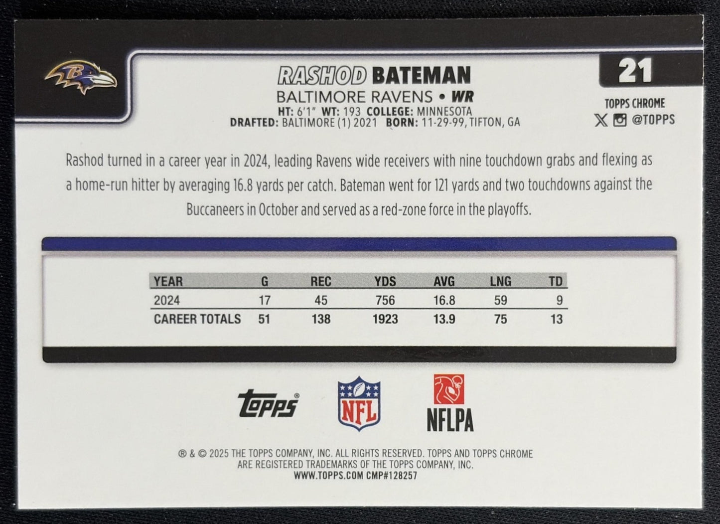 Rashod Bateman 2025 Topps Chrome Blue Refractor /150 Ravens back