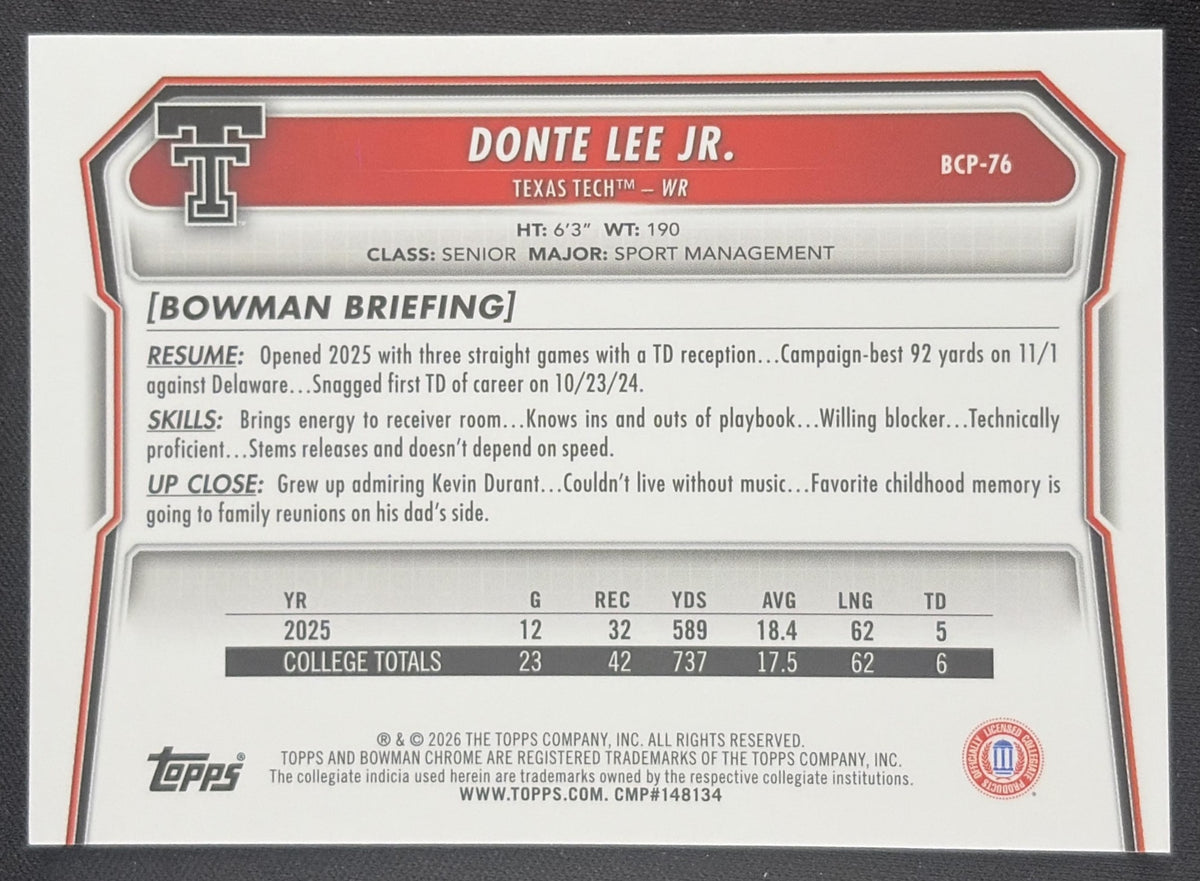 Donte Lee Jr. 2026 Bowman Chrome Prospects Mojo Refractor Red Raiders