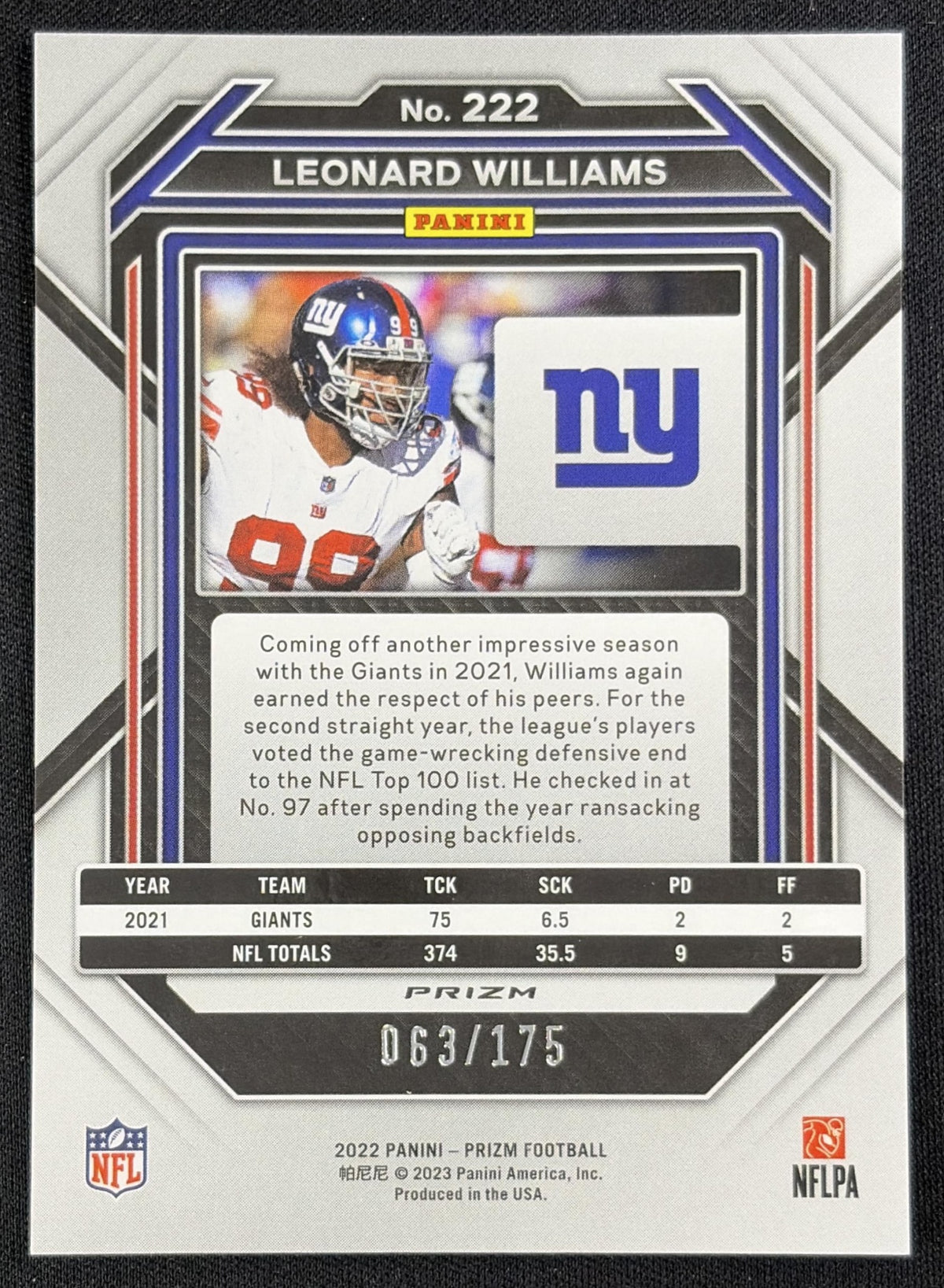 Leonard Williams 2022 Panini Prizm Hyper /175 Giants Sports Trading Card