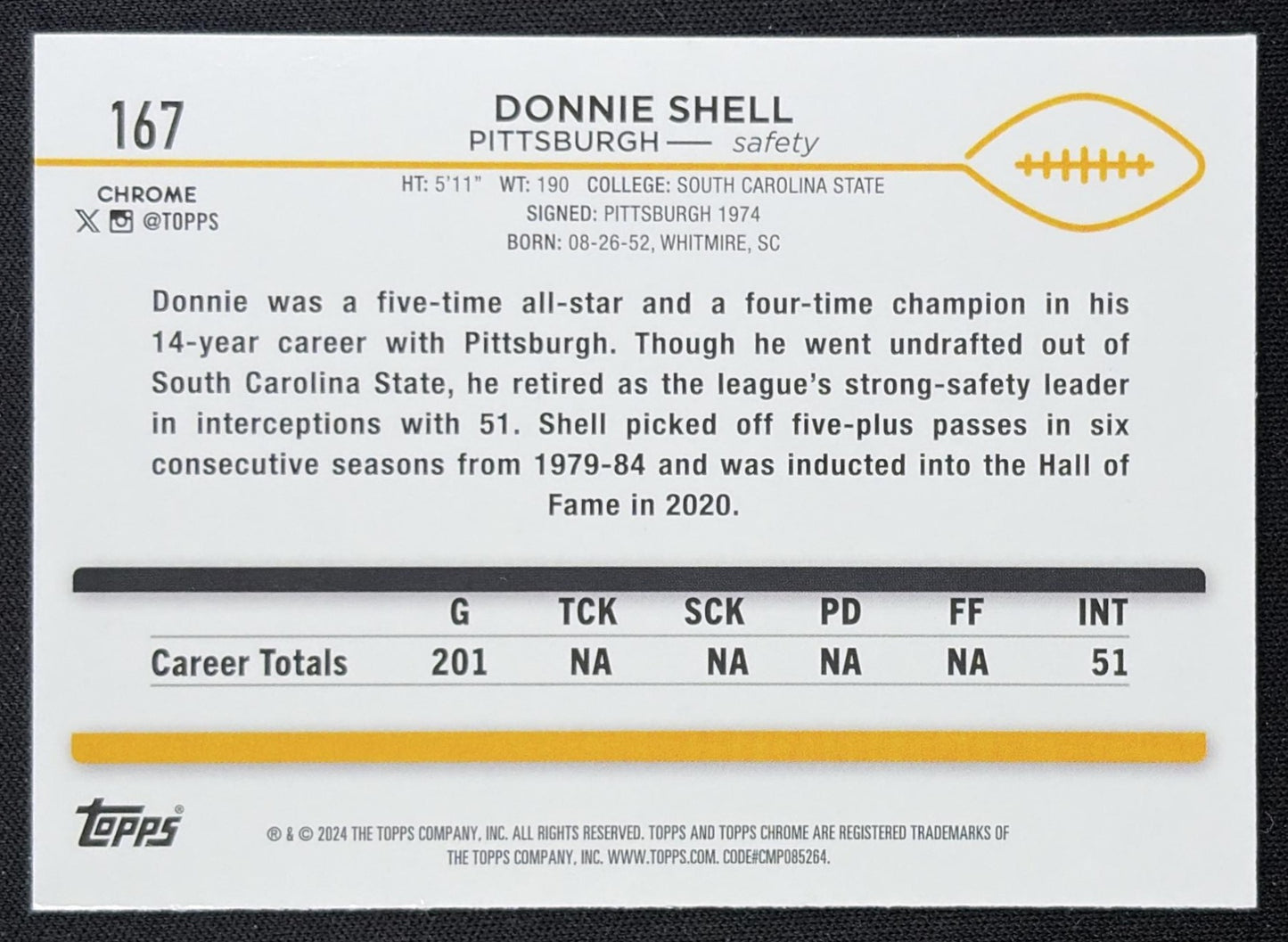 Donnie Shell 2024 Topps Chrome Magenta Speckle Refractor /399 Steelers