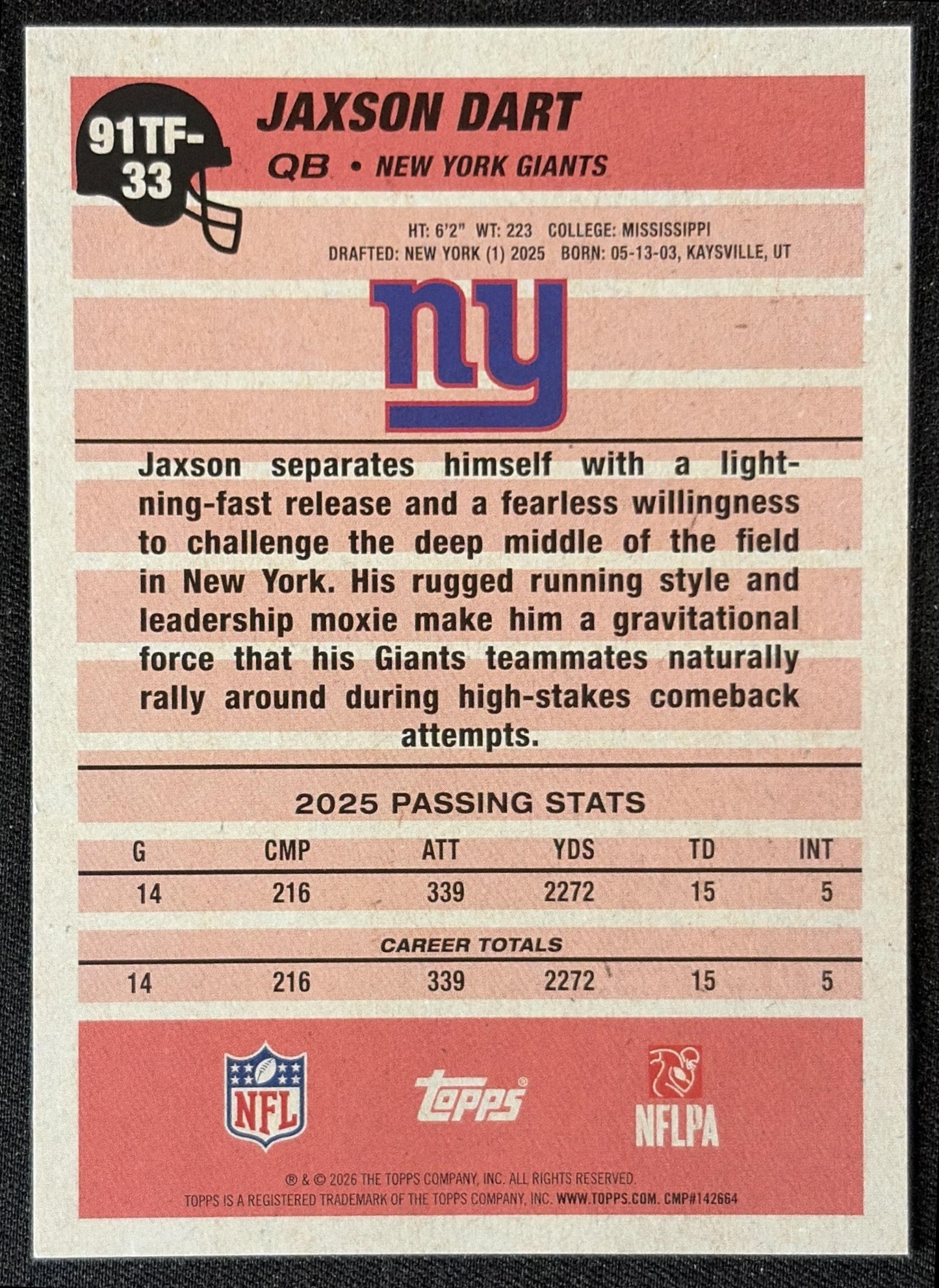 Jaxson Dart 2026 Topps 1991 Giants back