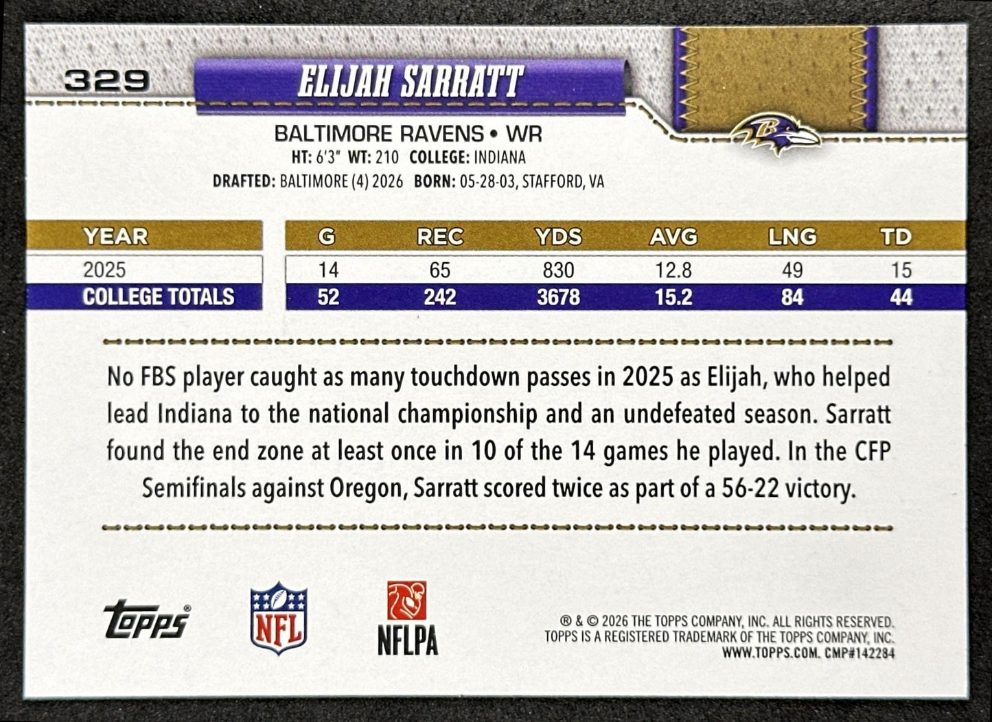 Elijah Sarratt 2026 Topps Flagship Rookie Ravens Sports Trading Card