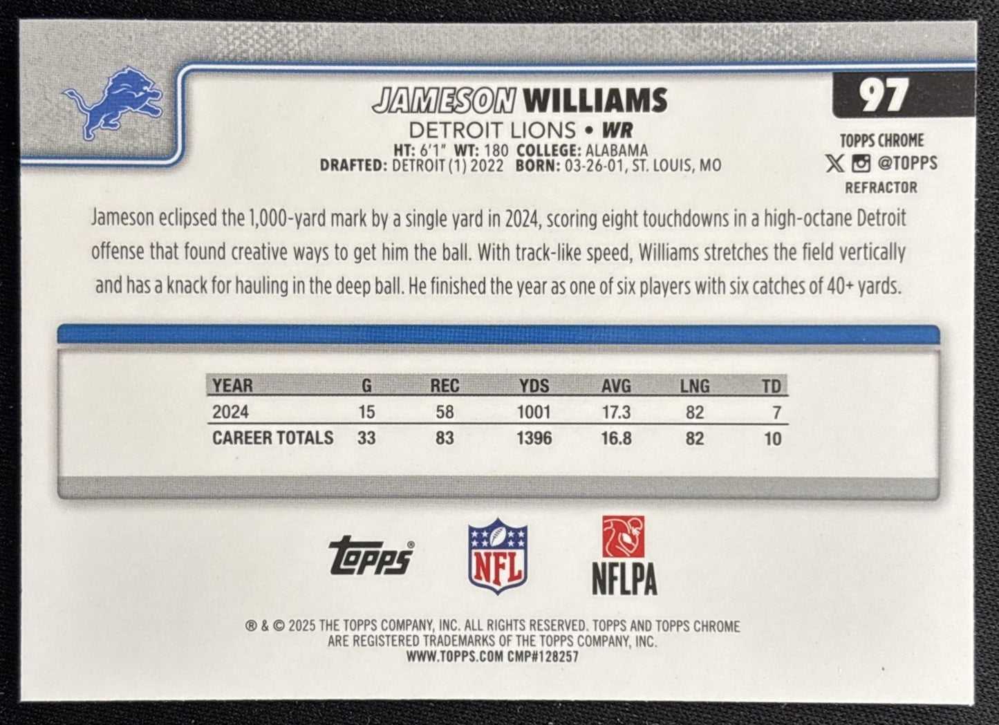 Jameson Williams 2025 Topps Chrome Refractor Lions Sports Trading Cards