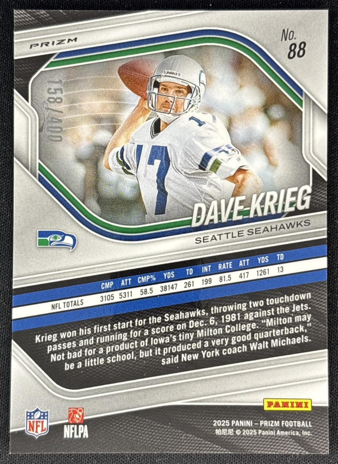 Dave Krieg 2025 Panini Prizm Pandora /400 Seahawks back