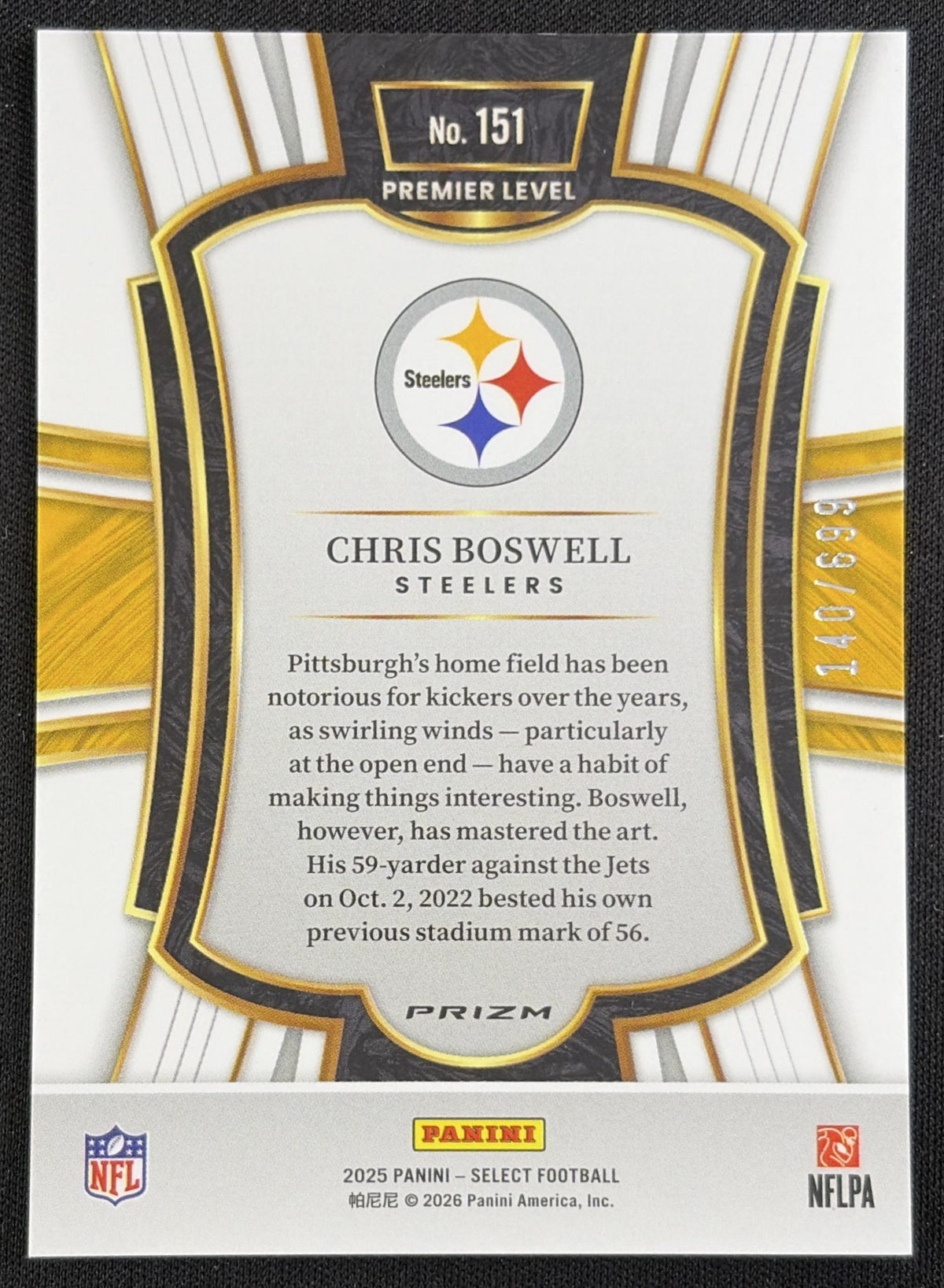 Chris Boswell 2025 Panini Select Premier Level Neon Green Prizm Shock /699 Steelers
