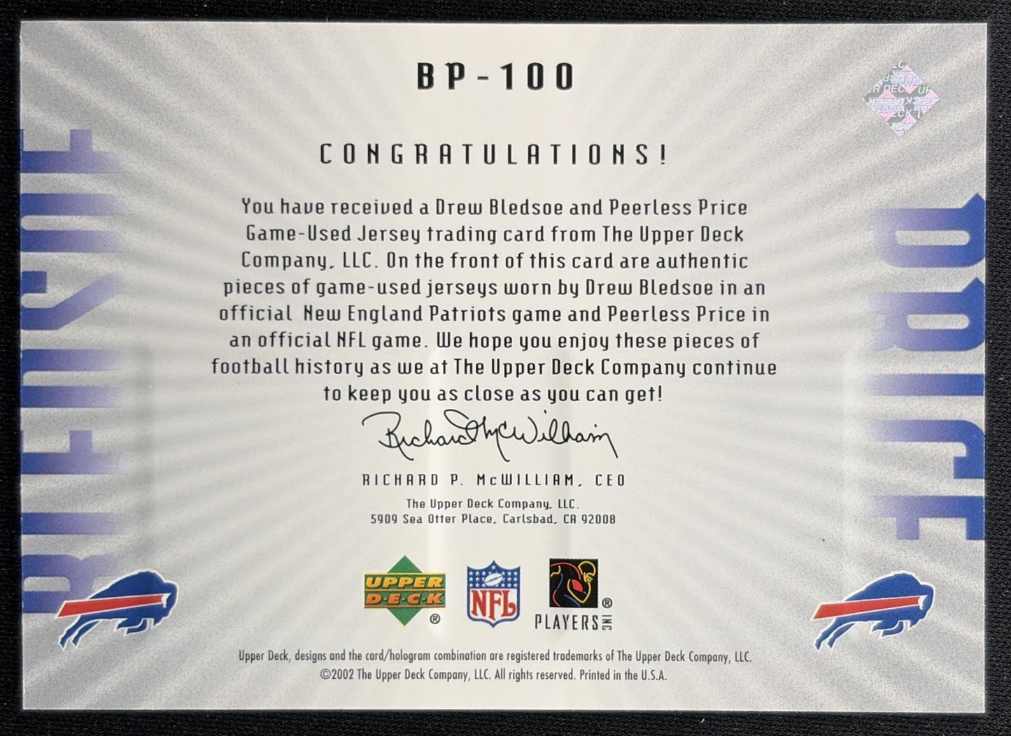 Drew Bledsoe Peerless Price 2002 Upper Deck Graded Dual Jerseys /100 Bills Sports Trading Cards