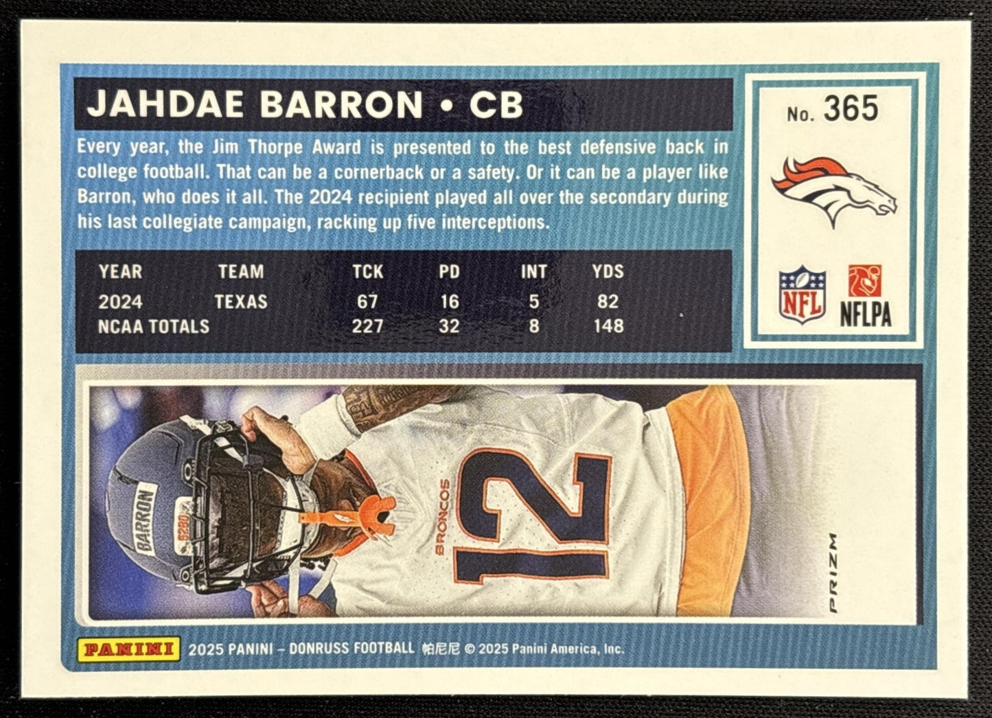 Jahdae Barron 2025 Panini Donruss Optic Rated Rookie Preview Pink Broncos - Back