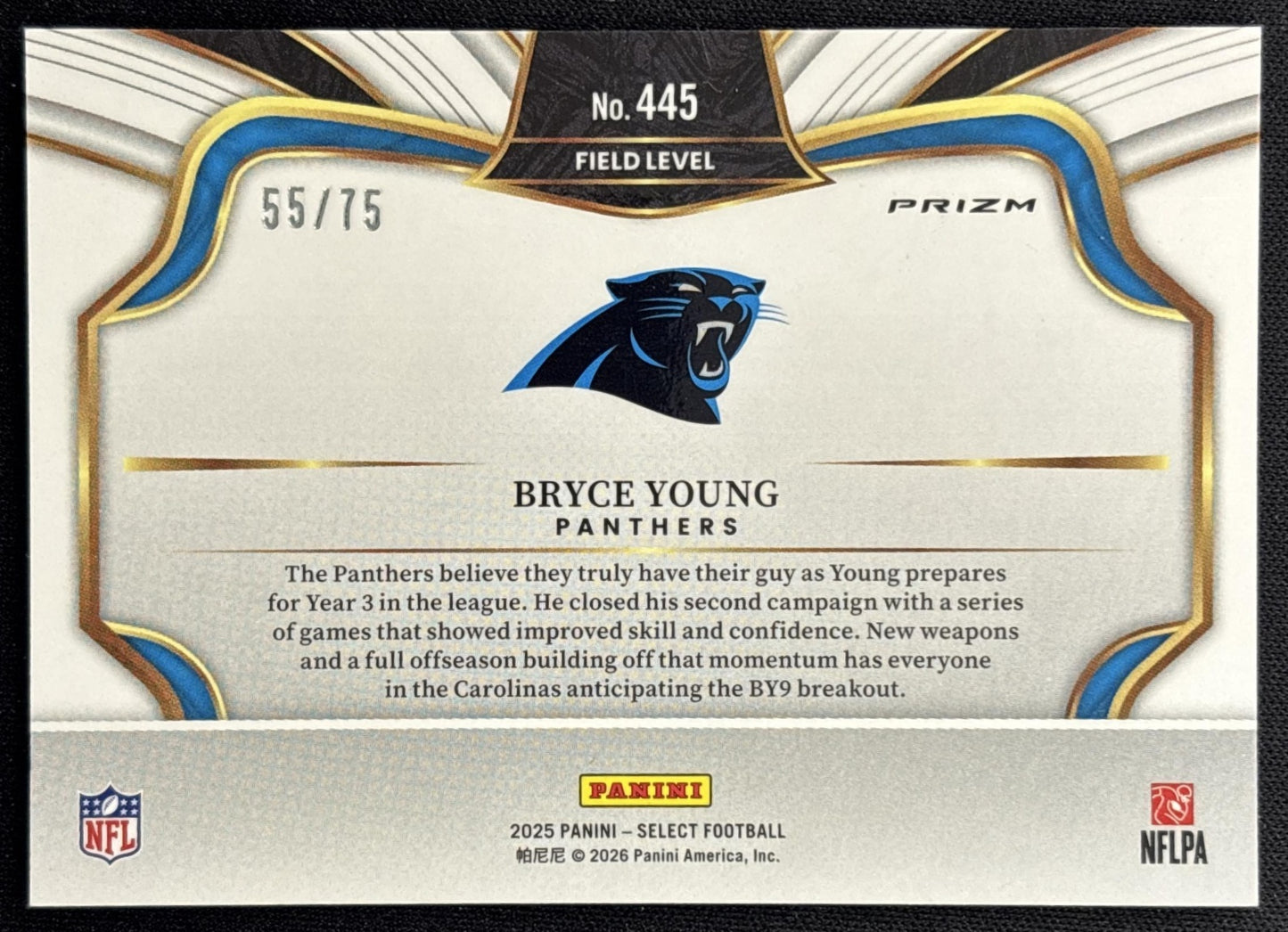 Bryce Young 2025 Panini Select Field Level Blue Prizm /75 Panthers Sports Trading Cards