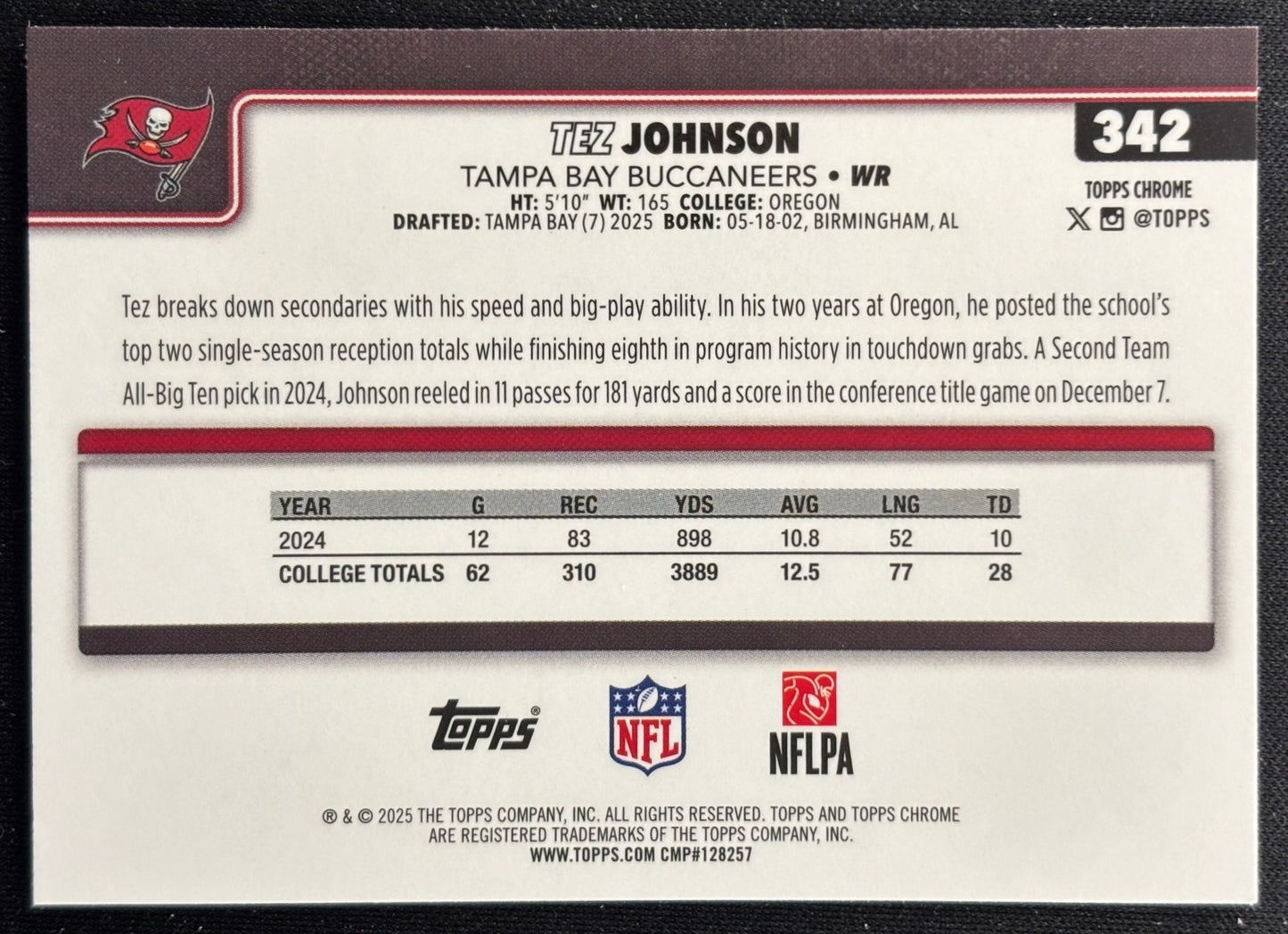 Tez Johnson 2025 Topps Chrome Rookie Buccaneers Sports Trading Cards