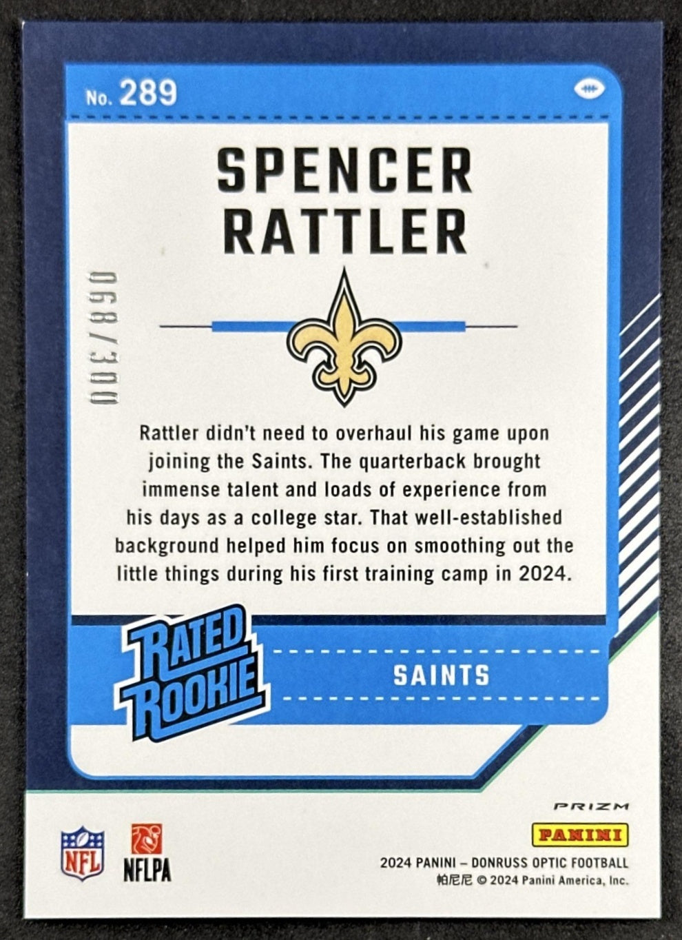 Spencer Rattler 2024 Panini Donruss Optic Wave /300 Saints back
