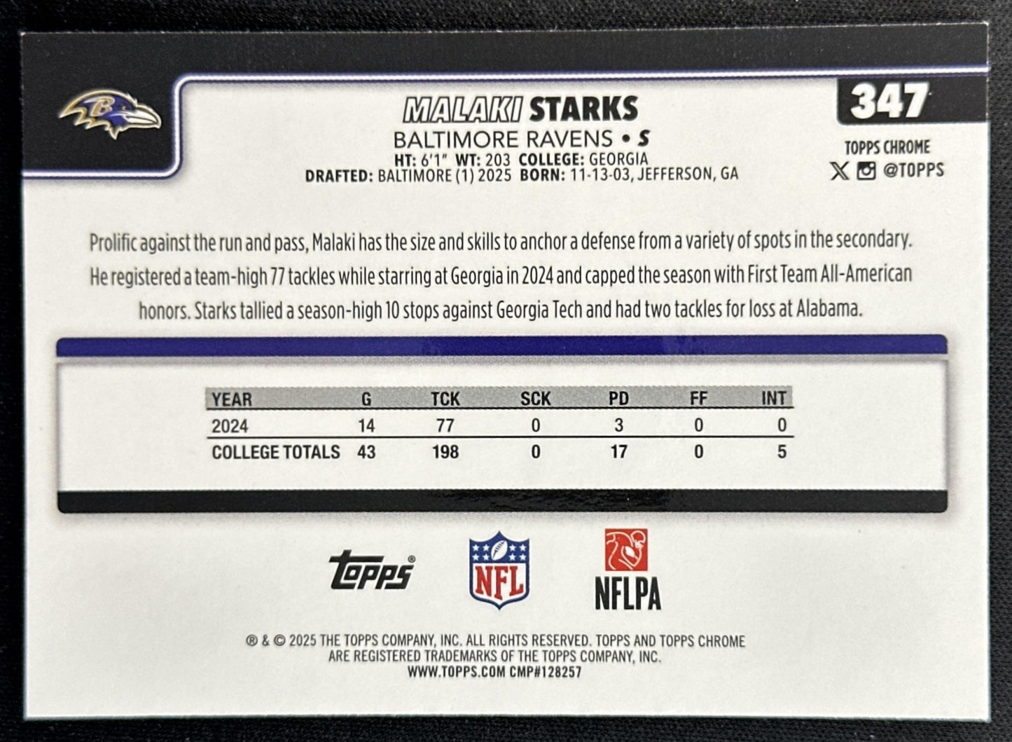 Malaki Starks 2025 Topps Chrome Rookie Neon Pulse Refractor Ravens