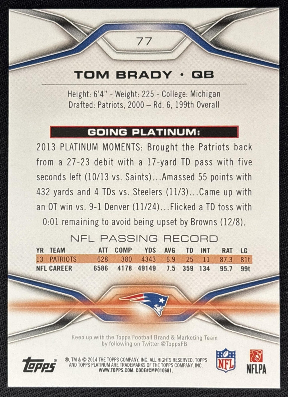 Tom Brady 2014 Topps Platinum Patriots Sports Trading Cards