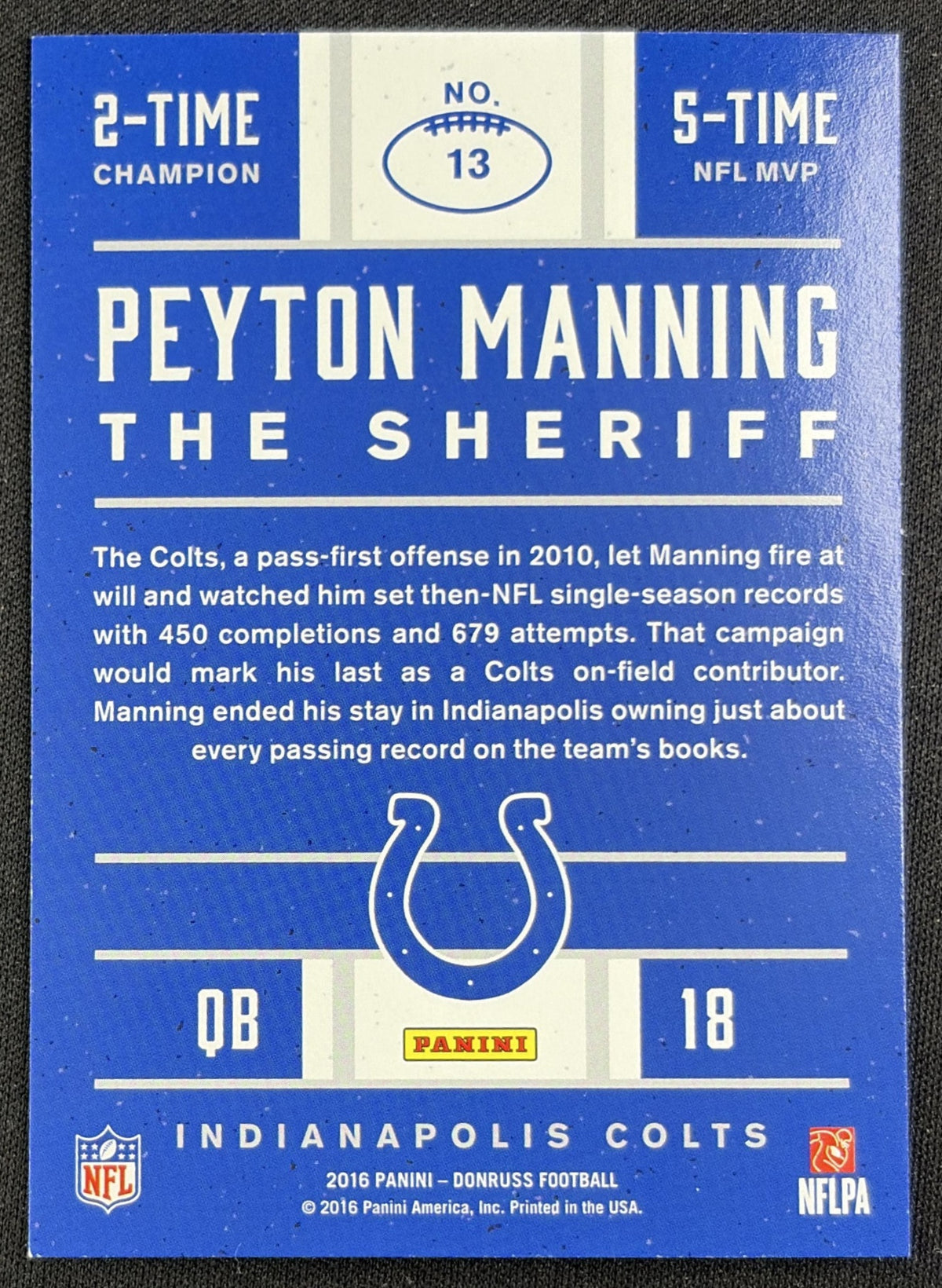 Peyton Manning 2016 Panini Donruss The Sheriff Tribute Red Foil Colts 13 back