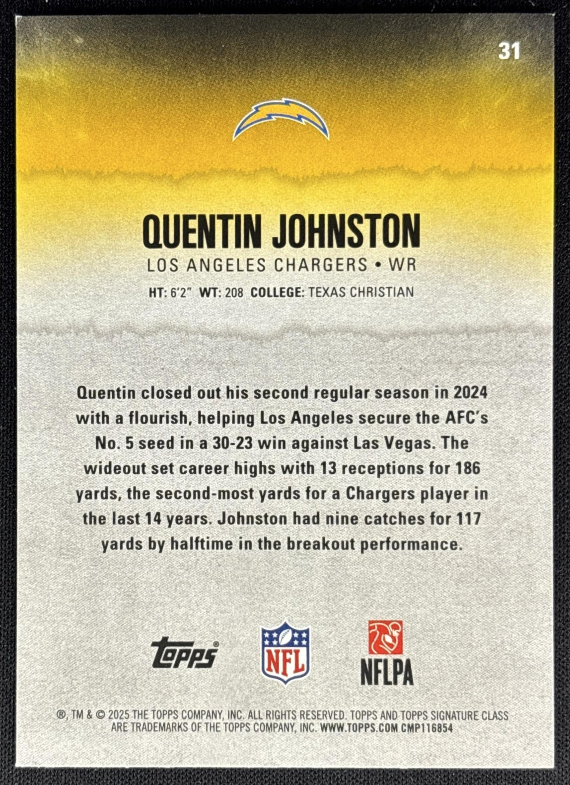 Quentin Johnston 2025 Topps Signature Class Veteran Blue & Yellow Foil Chargers Sports Trading Cards