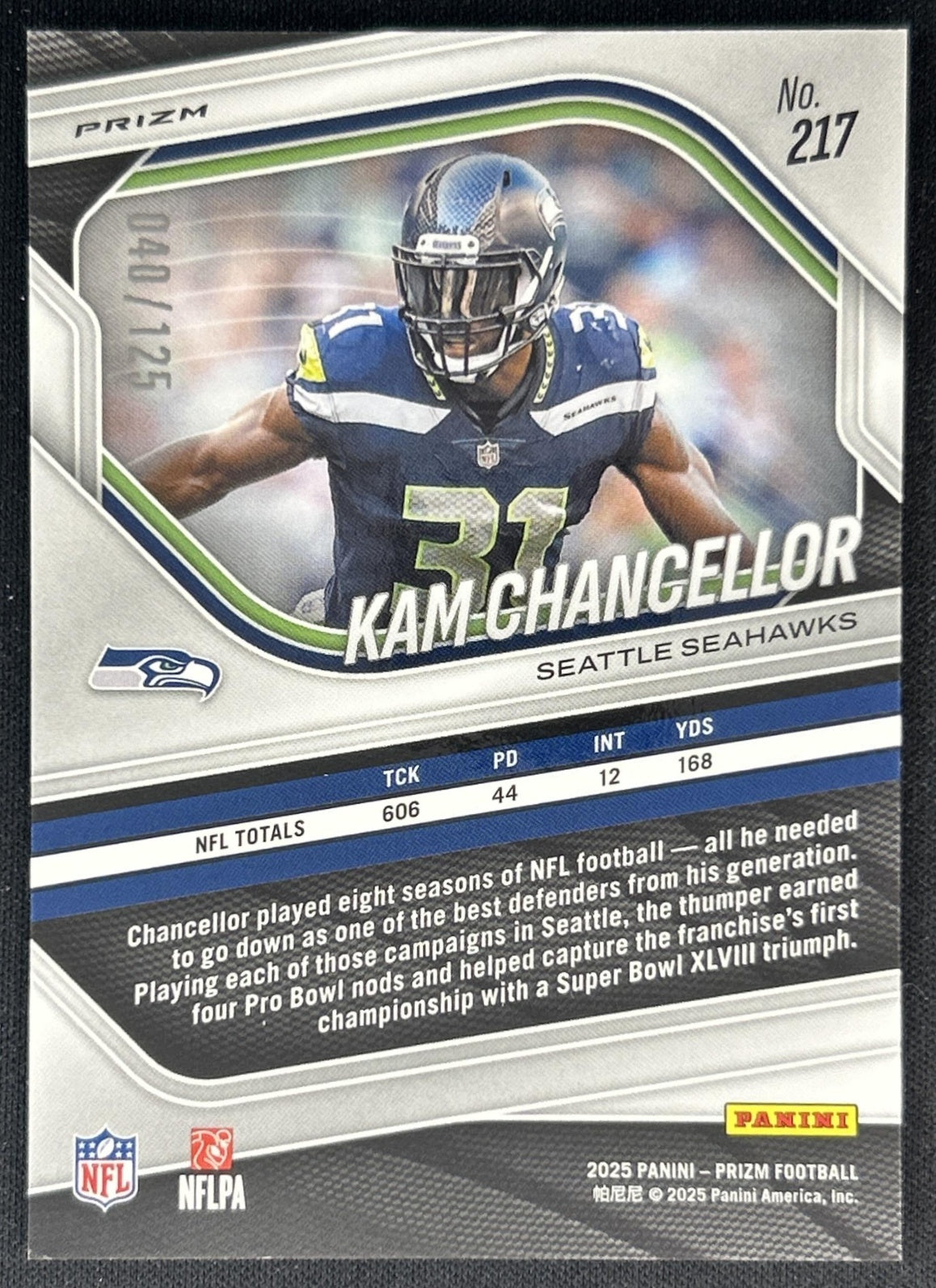 Kam Chancellor 2025 Panini Prizm Purple /125 Seahawks Back