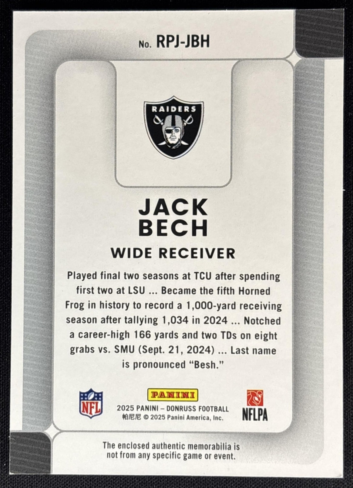 Jack Bech 2025 Panini Donruss Rookie Phenom Jerseys