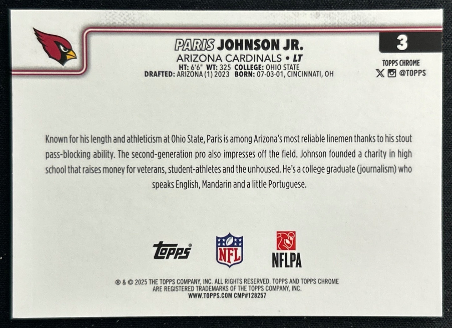 Paris Johnson Jr. 2025 Topps Chrome Cardinals Sports Trading Cards