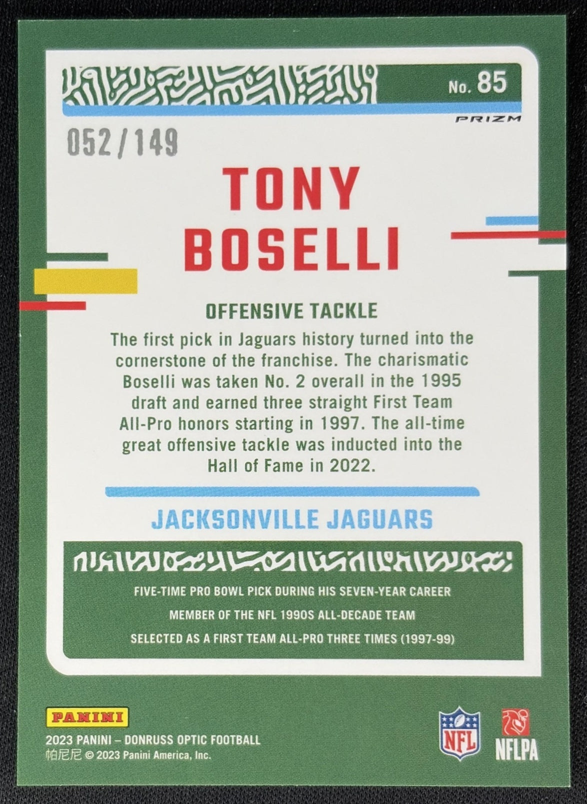Tony Boselli 2023 Panini Donruss Optic Flex Emoji Prizm /149 Jaguars Sports Trading Cards