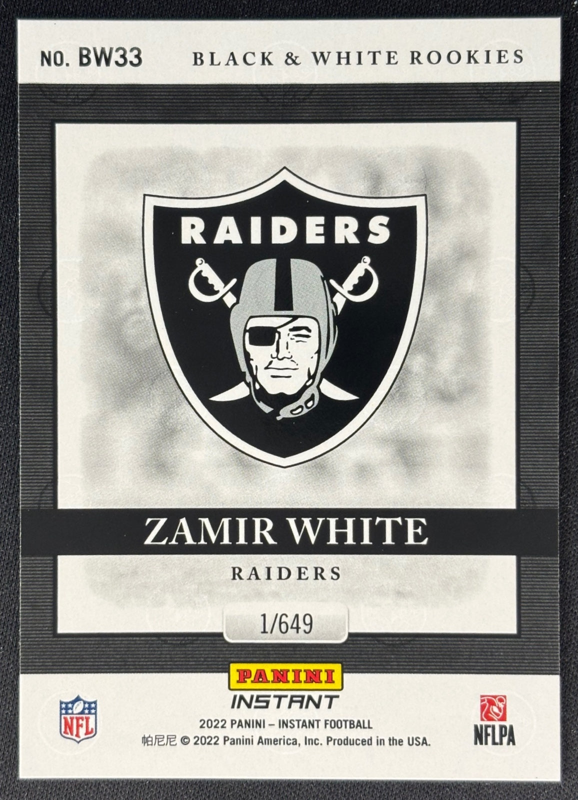 Zamir White 2022 Instant Black & Rookies Raiders Sports Trading Card