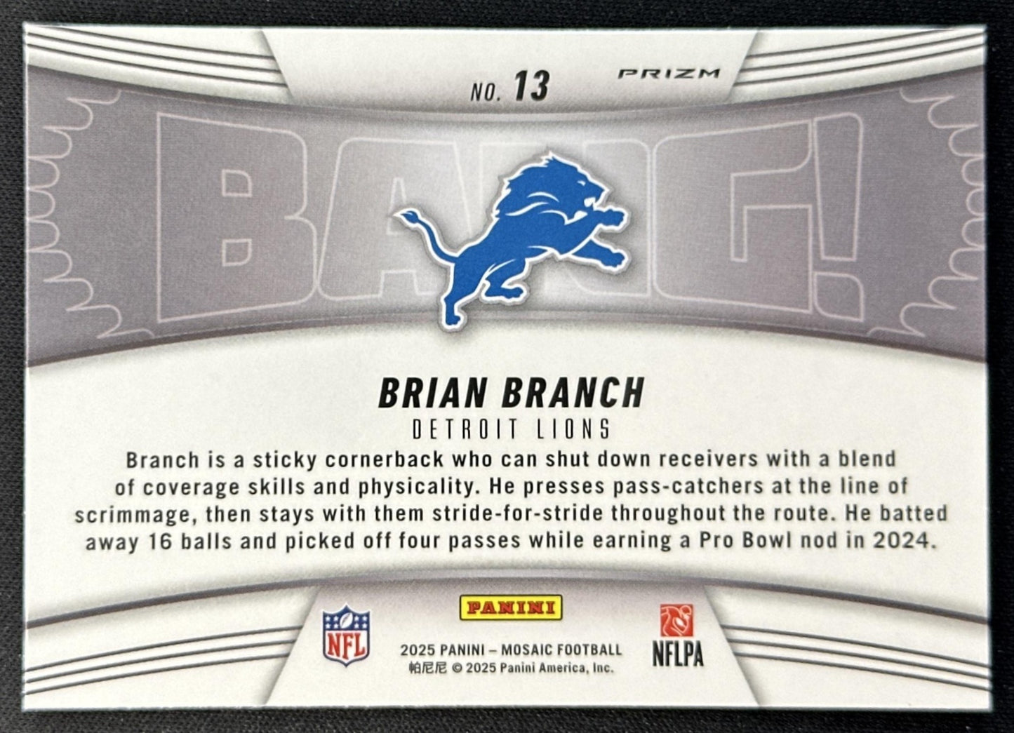 Brian Branch 2025 Panini Mosaic Bang! Orange Fluorescent Prizm Lions Sports Trading Cards