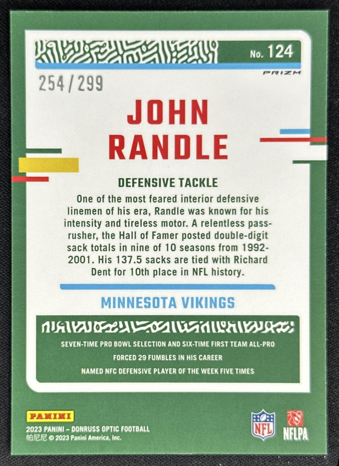 John Randle 2023 Panini Donruss Optic Aqua Prizm /299 Vikings