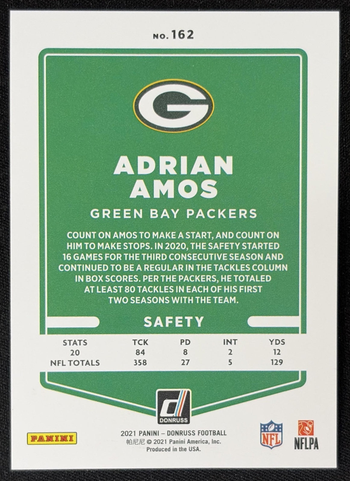 Adrian Amos 2021 Panini Donruss Press Proof Premium Packers Sports Trading Card