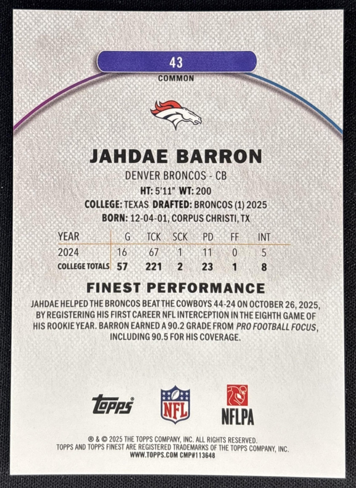 Jahdae Barron 2025 Topps Finest Green Geometric Refractor /75 Broncos back