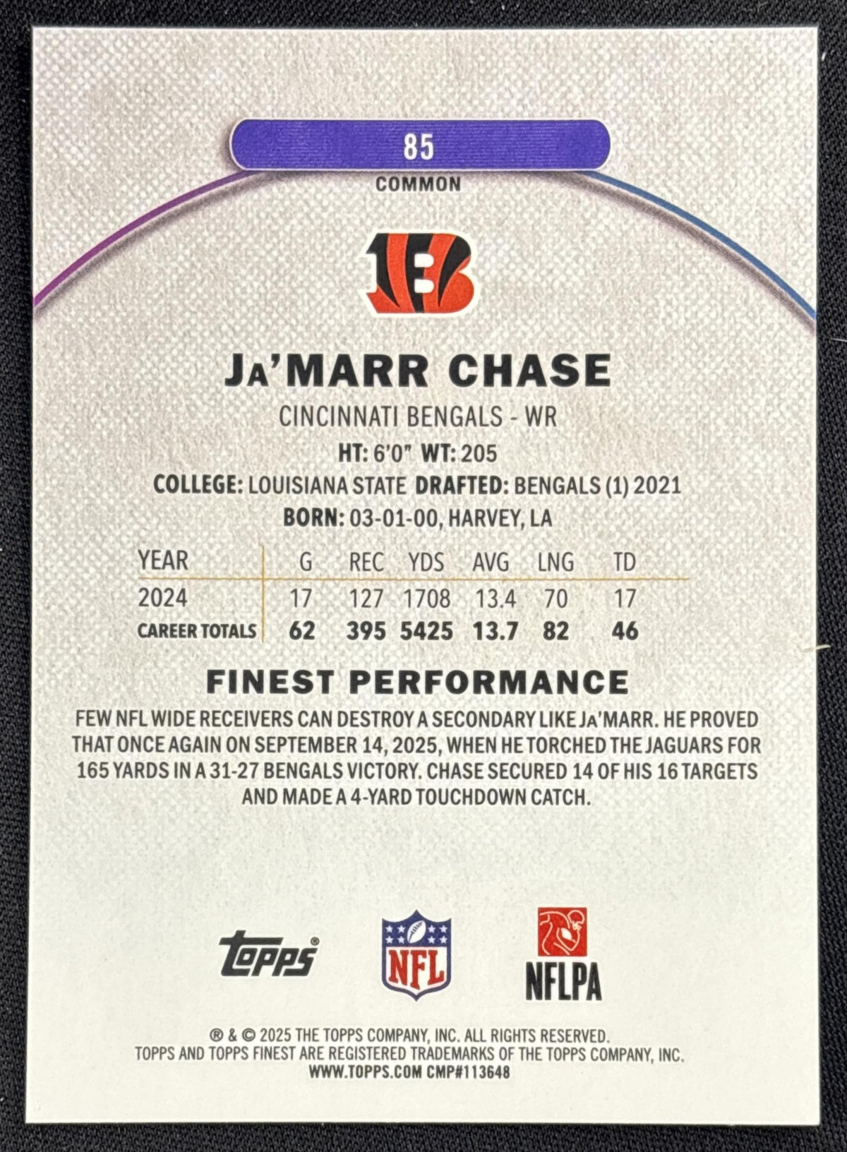 Ja'Marr Chase 2025 Topps Finest Purple Refractor /250 Bengals