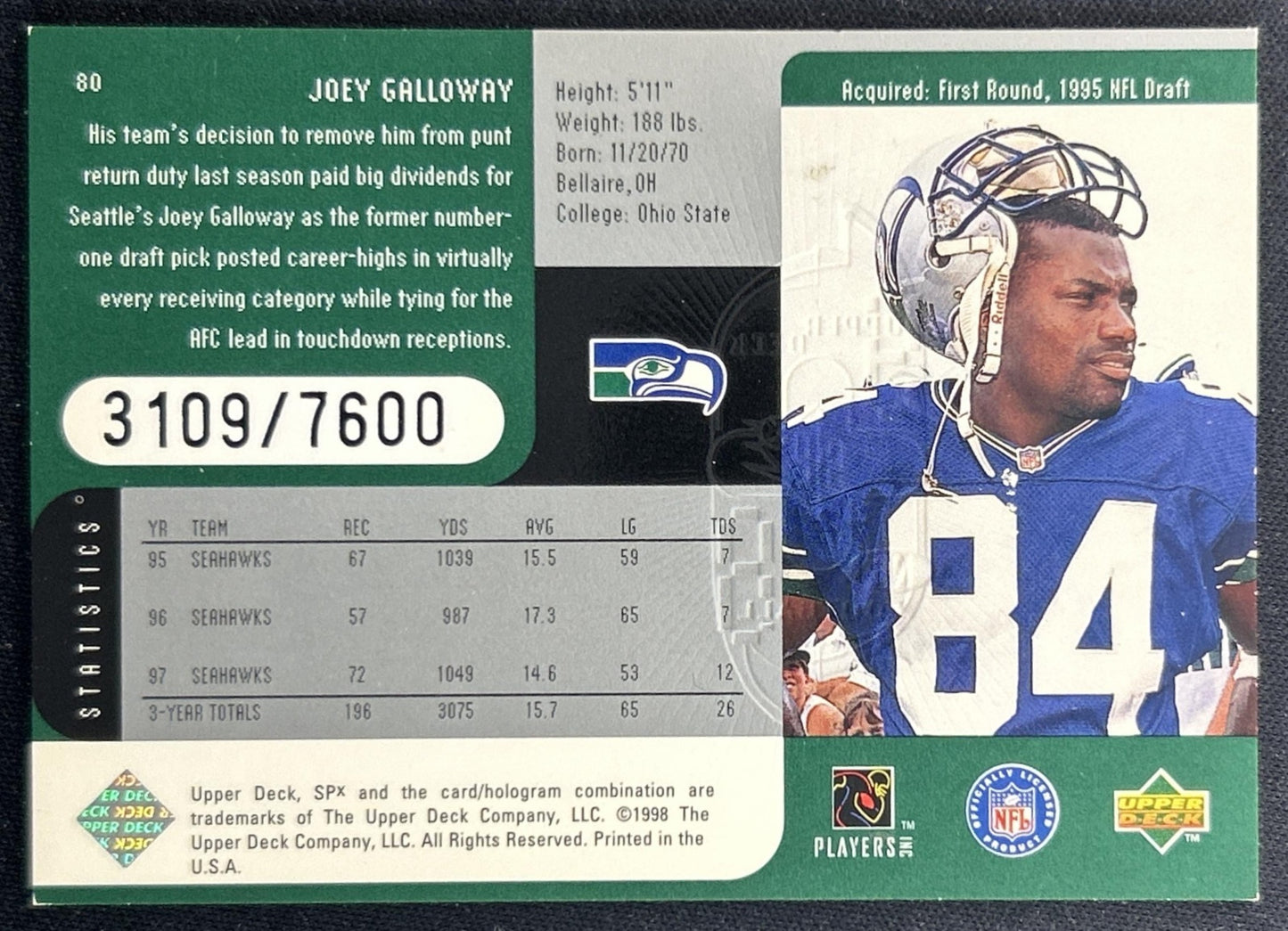 Joey Galloway 1998 SPx Finite /7600 Seahawks back
