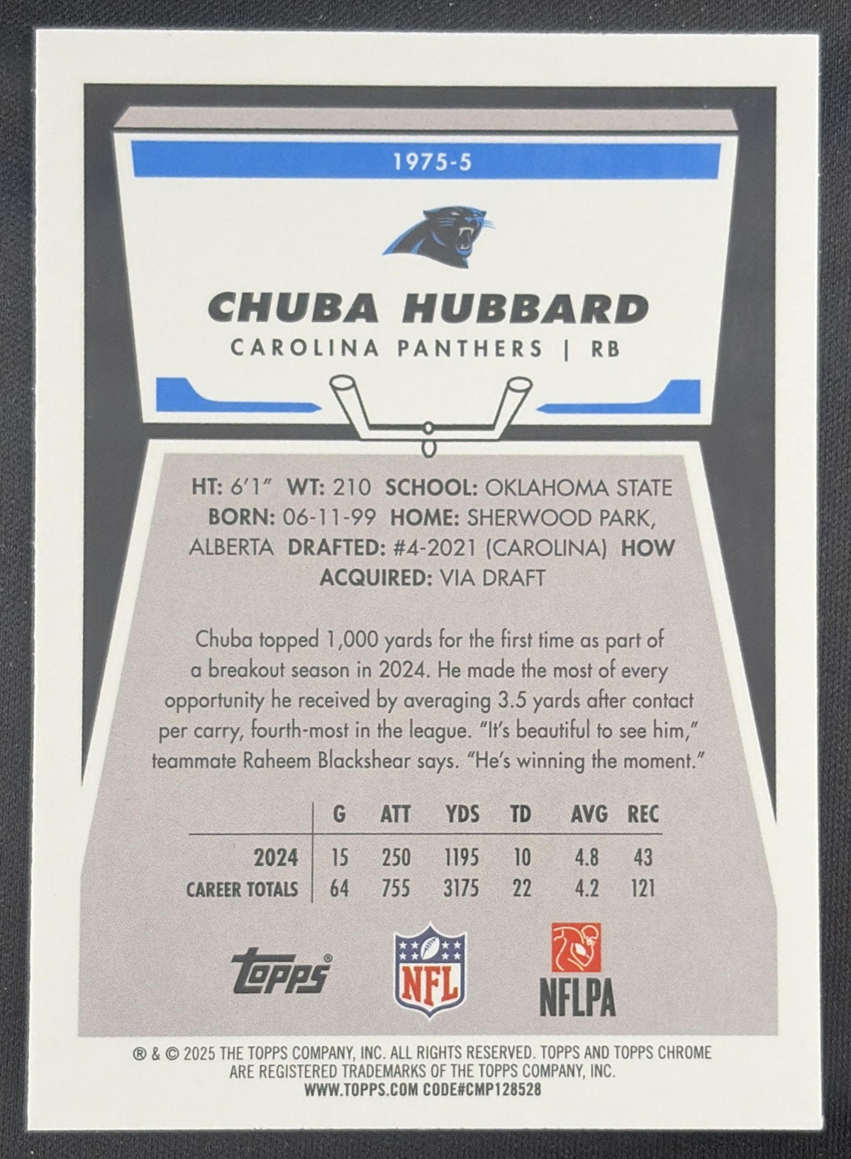 Chuba Hubbard 2025 Topps Chrome 1975 Pink Refractor /250 Panthers Sports Trading Card