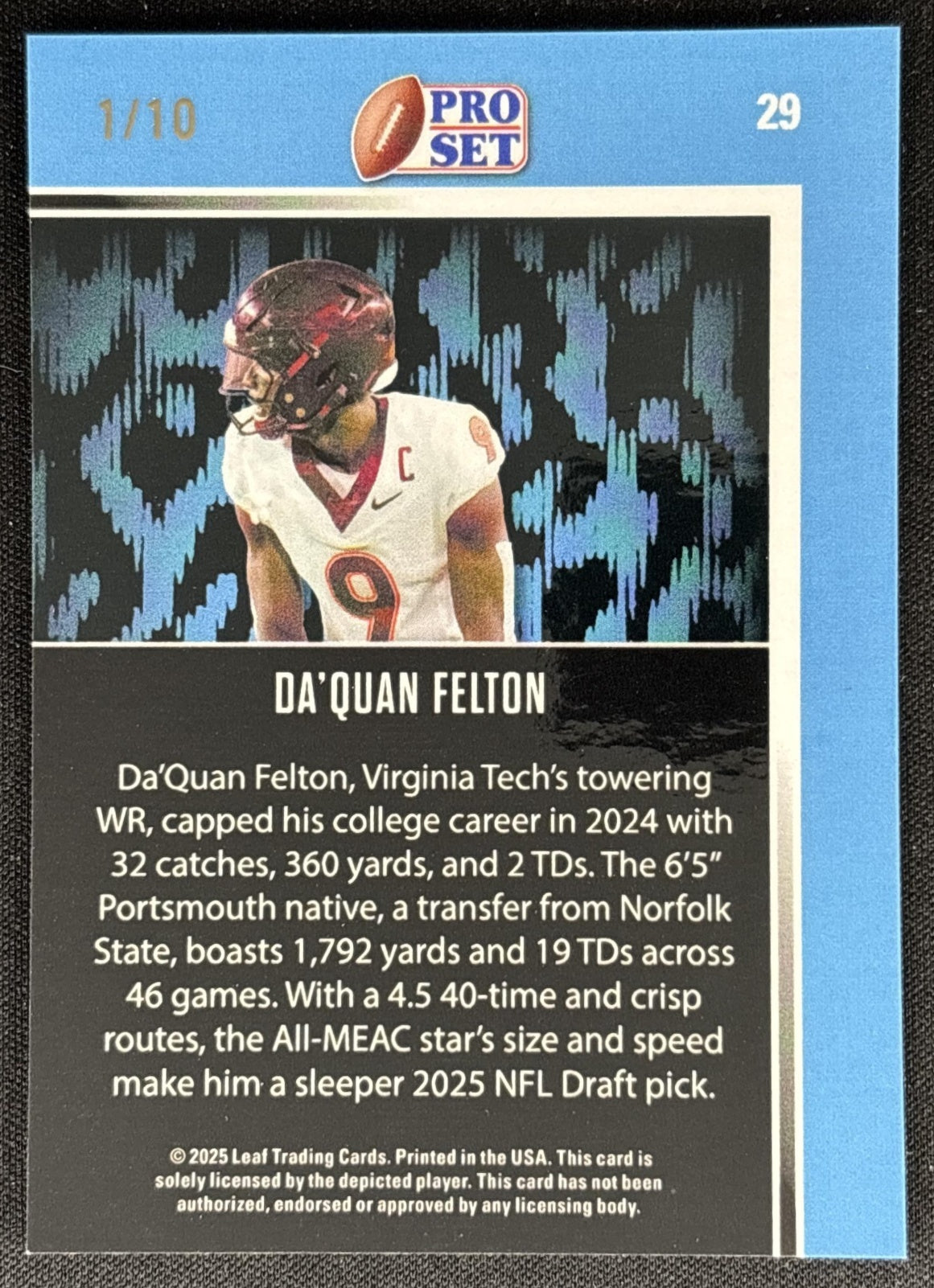 Da'Quan Felton 2025 Leaf Pro Set Metal In Motion Prismatic Black /10 Sports Trading Cards