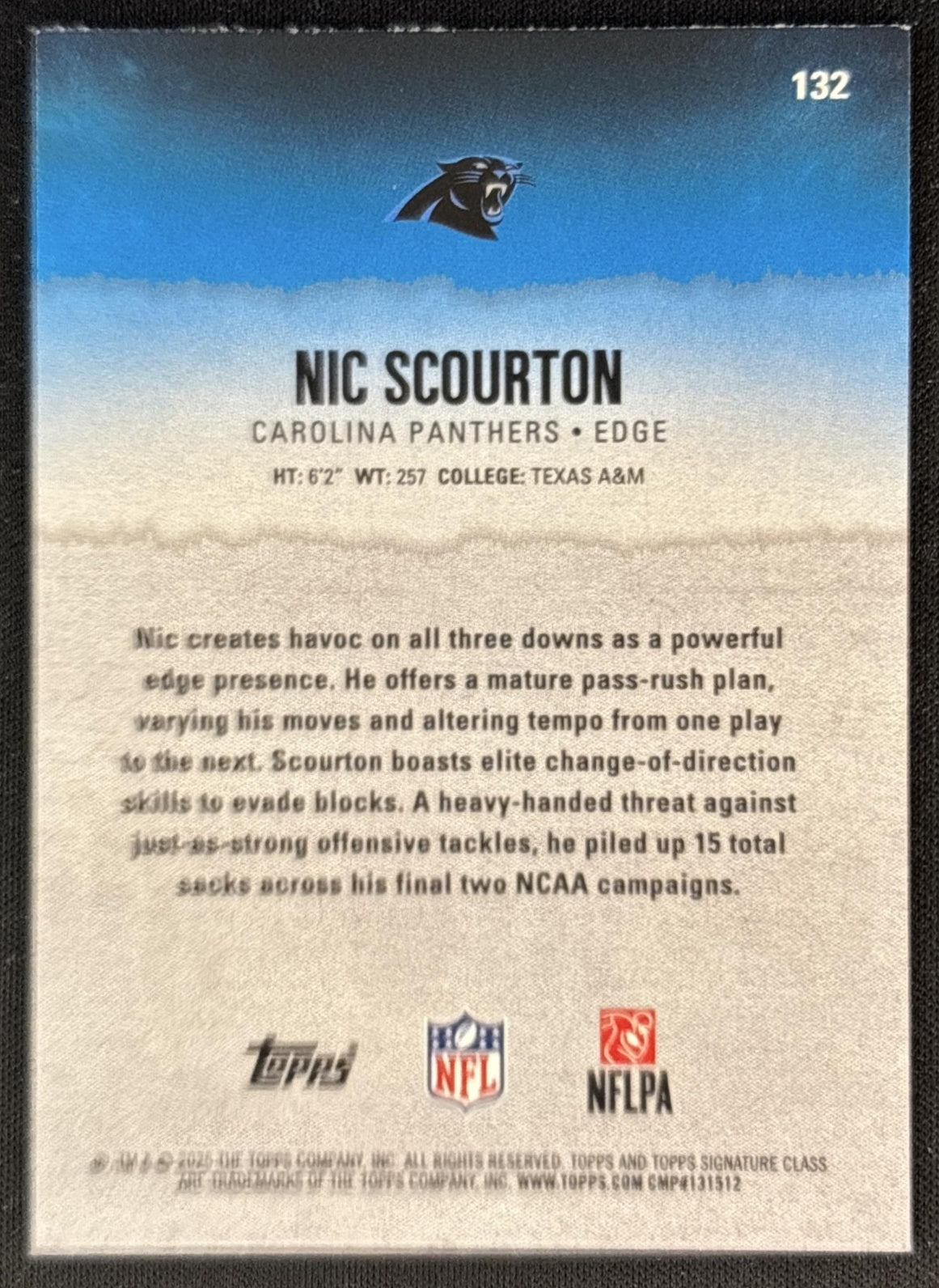 Nic Scourton 2025 Topps Signature Class Rookie Blue & Yellow Foil Panthers back