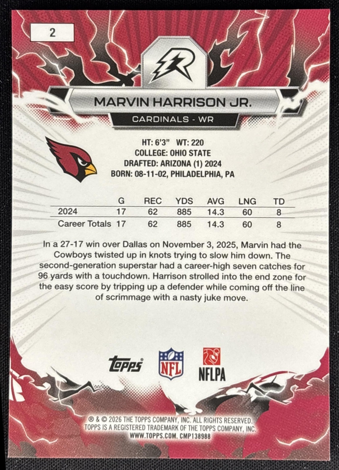 Marvin Harrison Jr. 2025 Topps Resurgence Prism Refractor Cardinals back