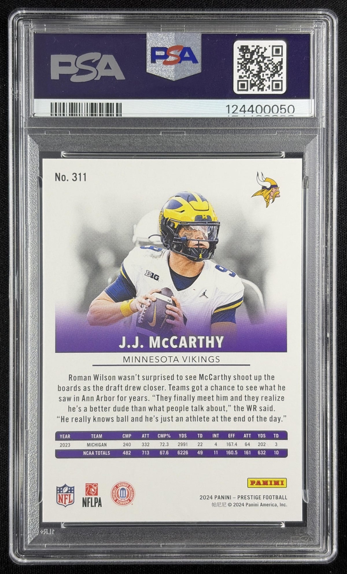 J.J. McCarthy 2024 Panini Prestige PSA 10 Vikings