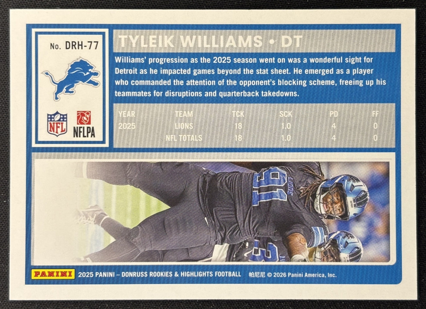 Tyleik Williams 2025 Panini Donruss Rookies & Highlights Lions Sports Trading Cards