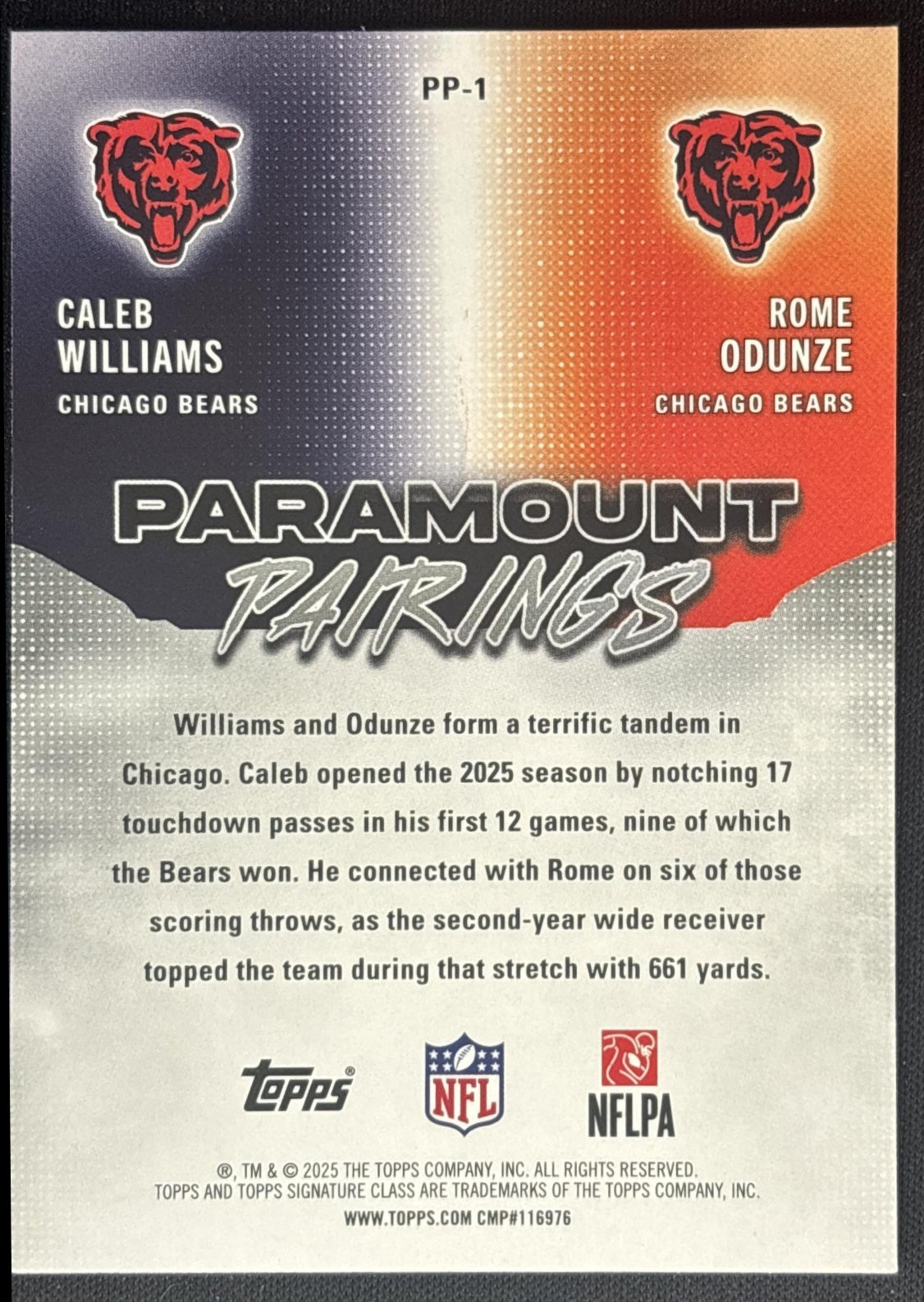 Caleb Williams Rome Odunze 2025 Topps Signature Class Paramount Pairings Bears back