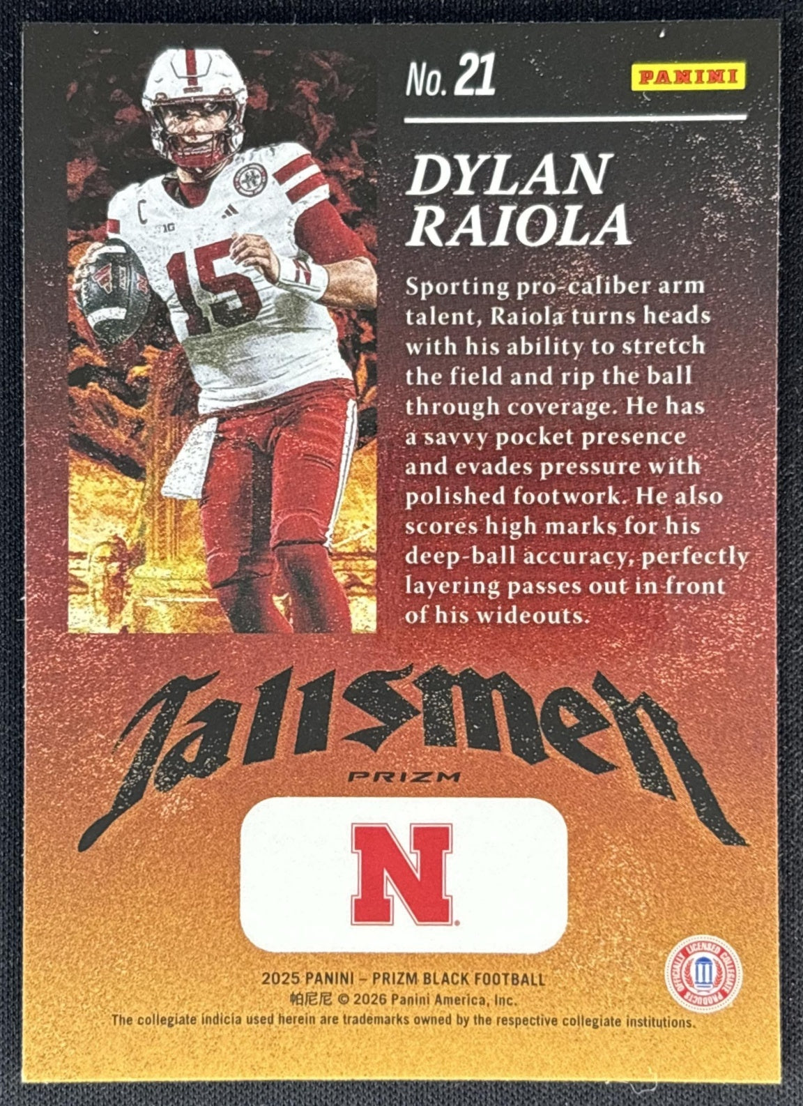Dylan Raiola 2025 Panini Prizm Black Talismen Silver Cornhuskers back