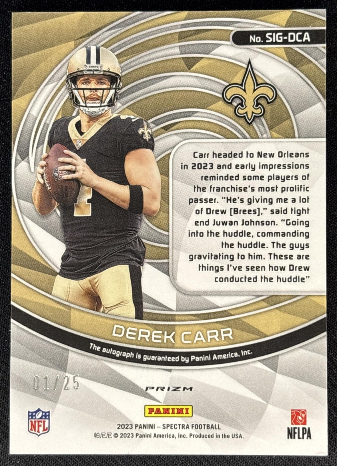 Derek Carr 2023 Panini Spectra Signatures Meta /25 Saints