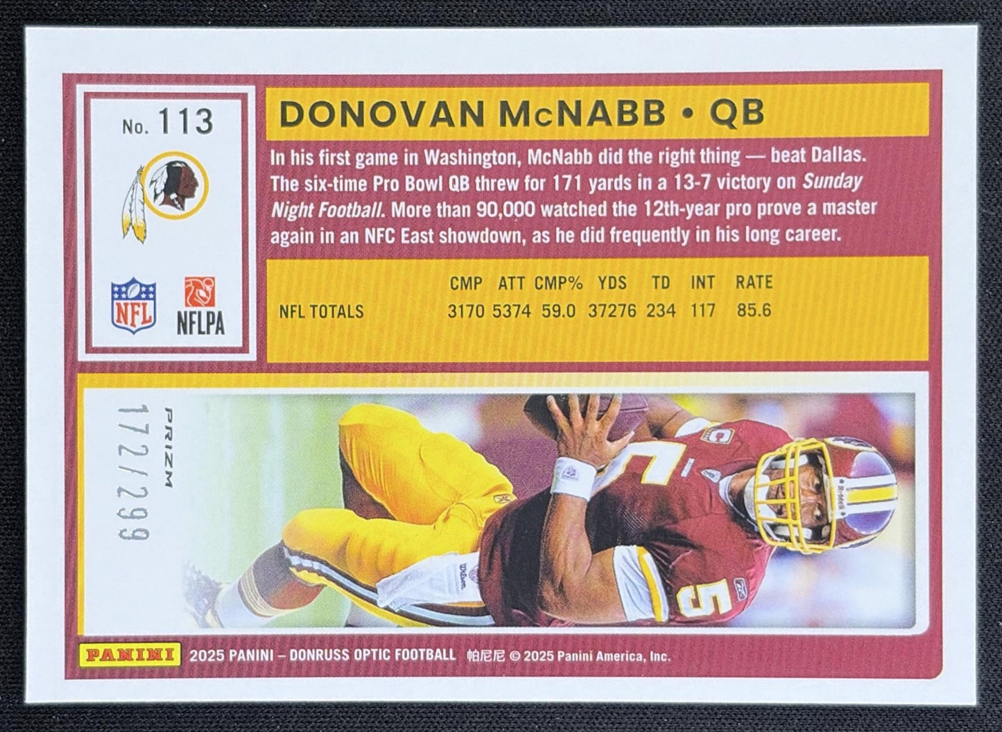 Donovan McNabb 2025 Panini Donruss Optic Orange Prizm /299 Redskins