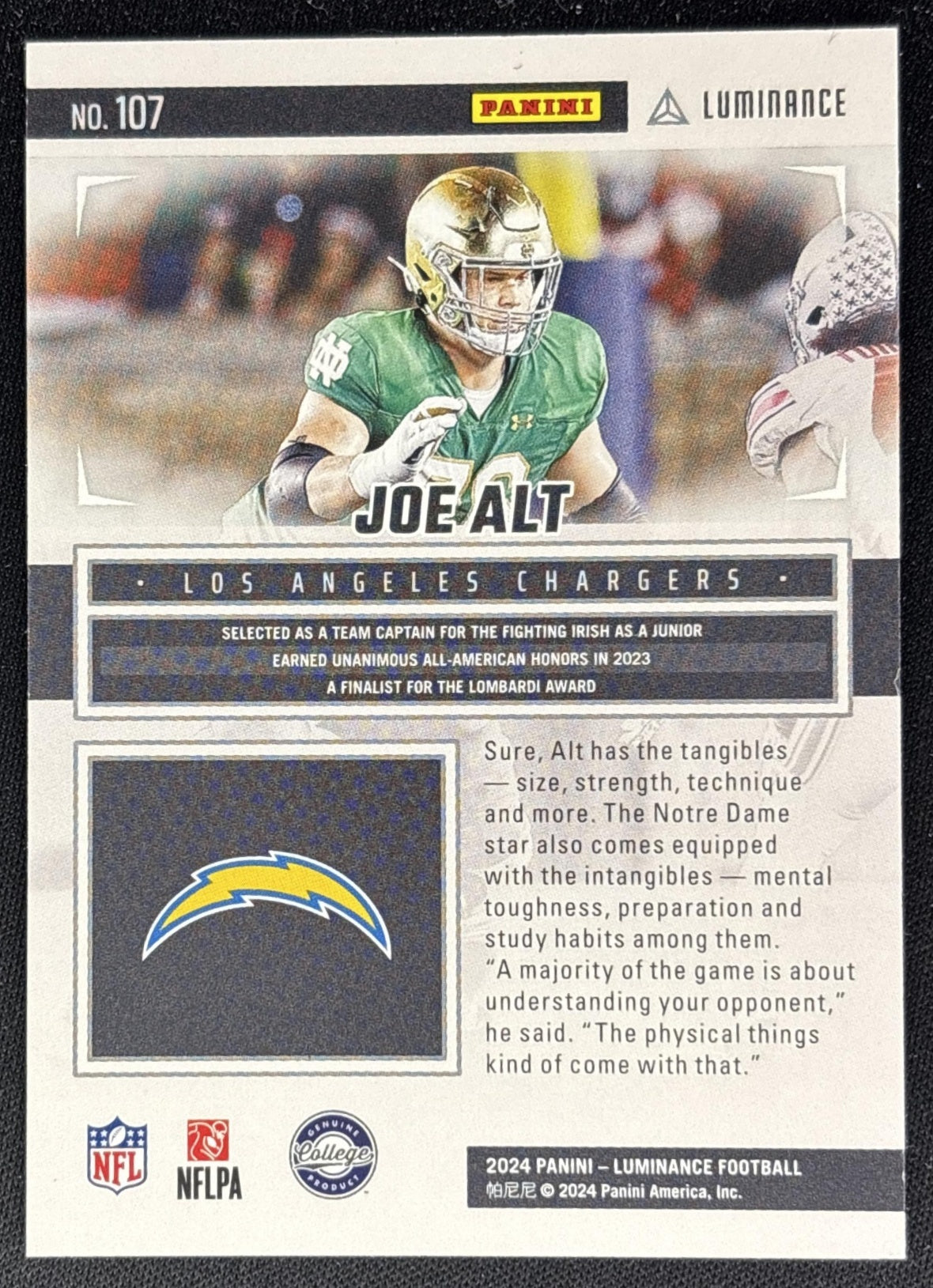 Joe Alt 2024 Panini Luminance Black /75 Chargers
