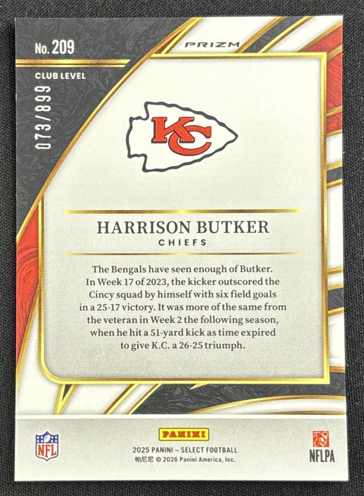 Harrison Butker 2025 Panini Select Club Level Copper Prizm Shock /899 Chiefs