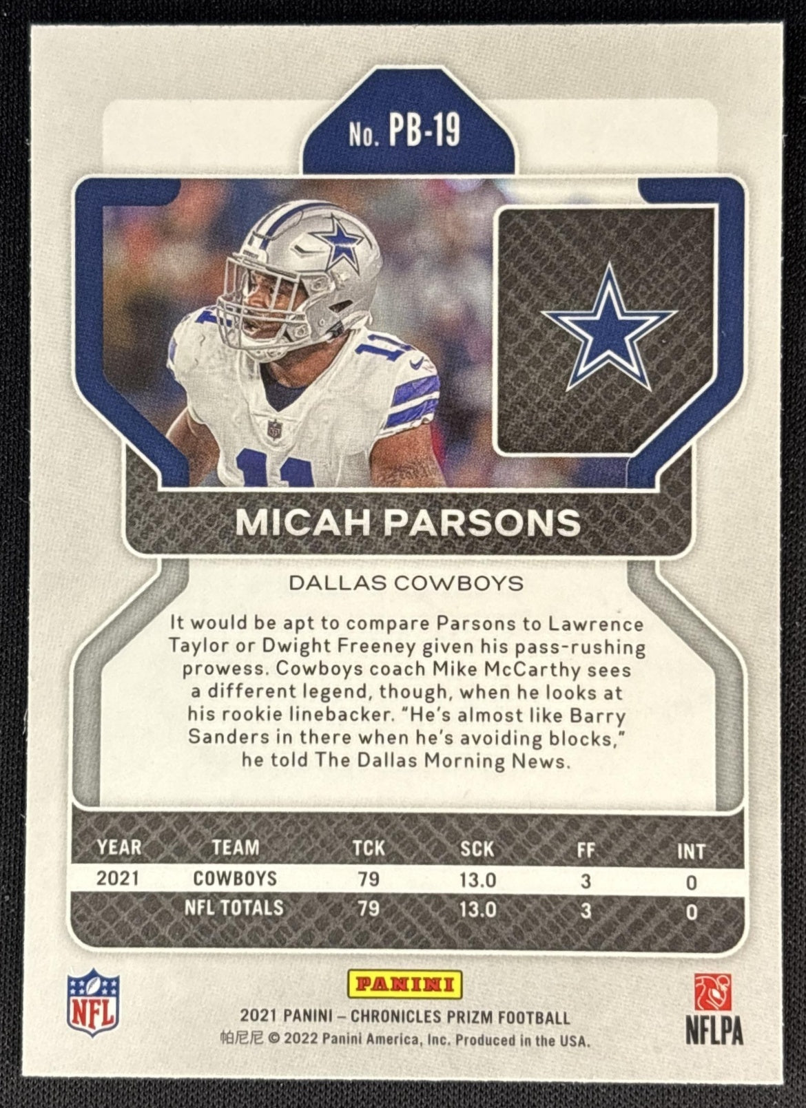 Micah Parsons 2021 Panini Chronicles Prizm Black Cowboys